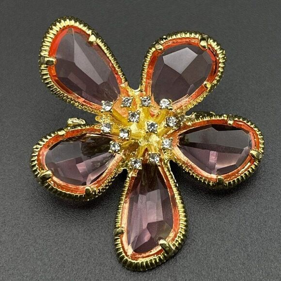 Yellow Gold with Pink Sapphire and White Diamond Crystal Flower Pin Back Brooch - Picture 1 of 8
